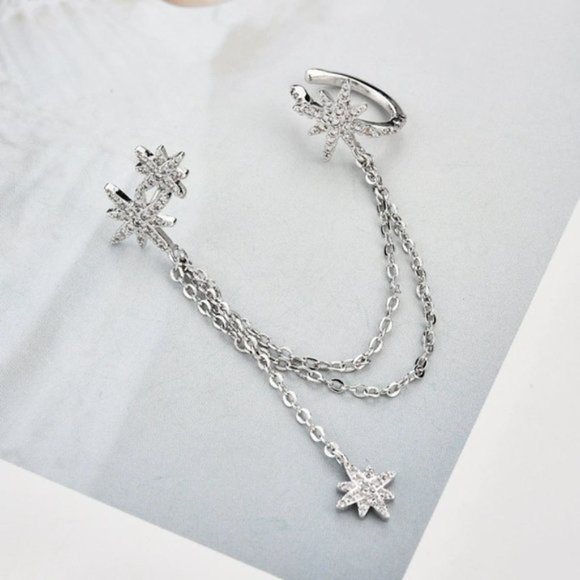 NEW 925 Sterling Silver Stars Chain Earrings - Picture 2 of 5